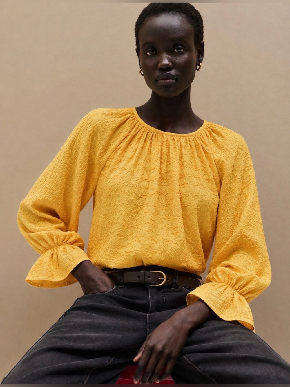 Selected Femme Yellow Lissy Blouse Top Crew Neck Balloon Sleeve Size 14 NWT
